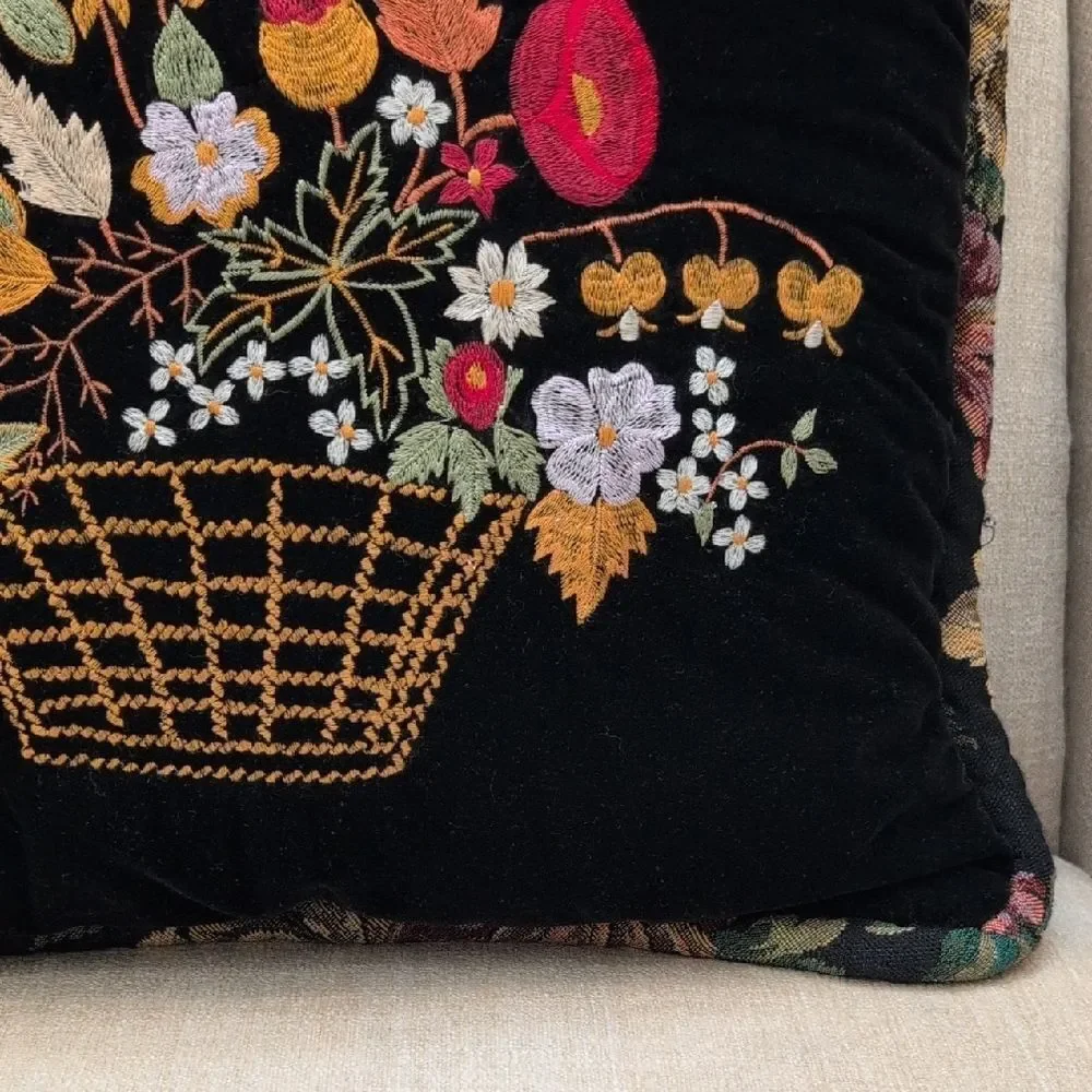 Vintage Black Velvet Floral Embroidered Throw Accent Pillow Floral Tapestry Back